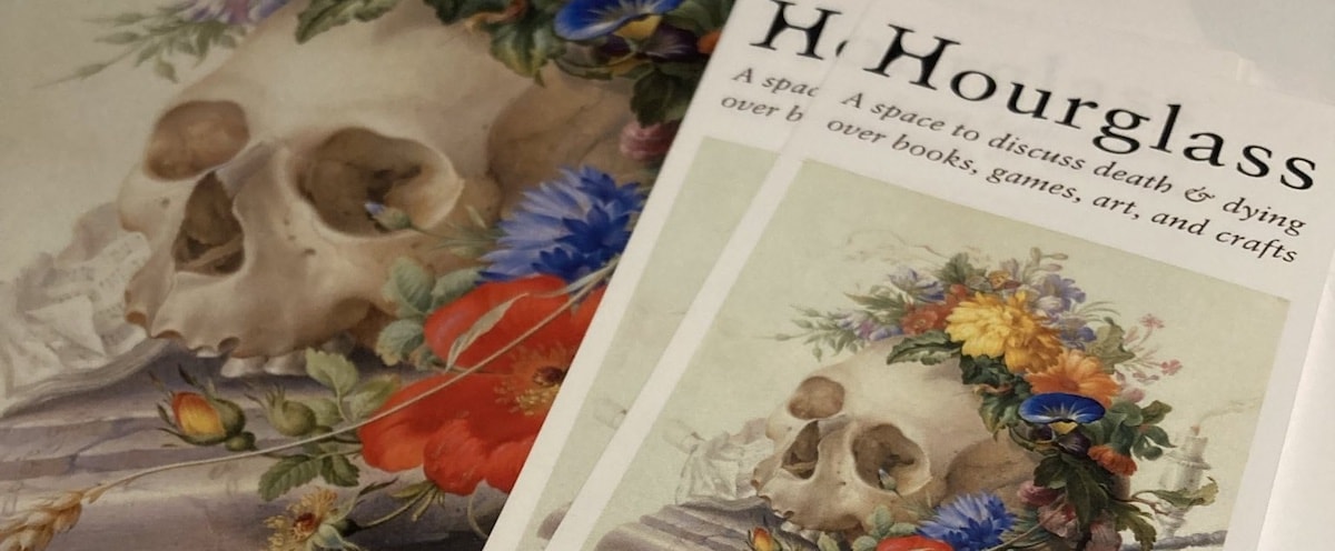 A set of Hourglass flyers depicting a memento mori painting of a human skull set amidst colourful flowers, a snail, a candle, and a tipped over hourglass